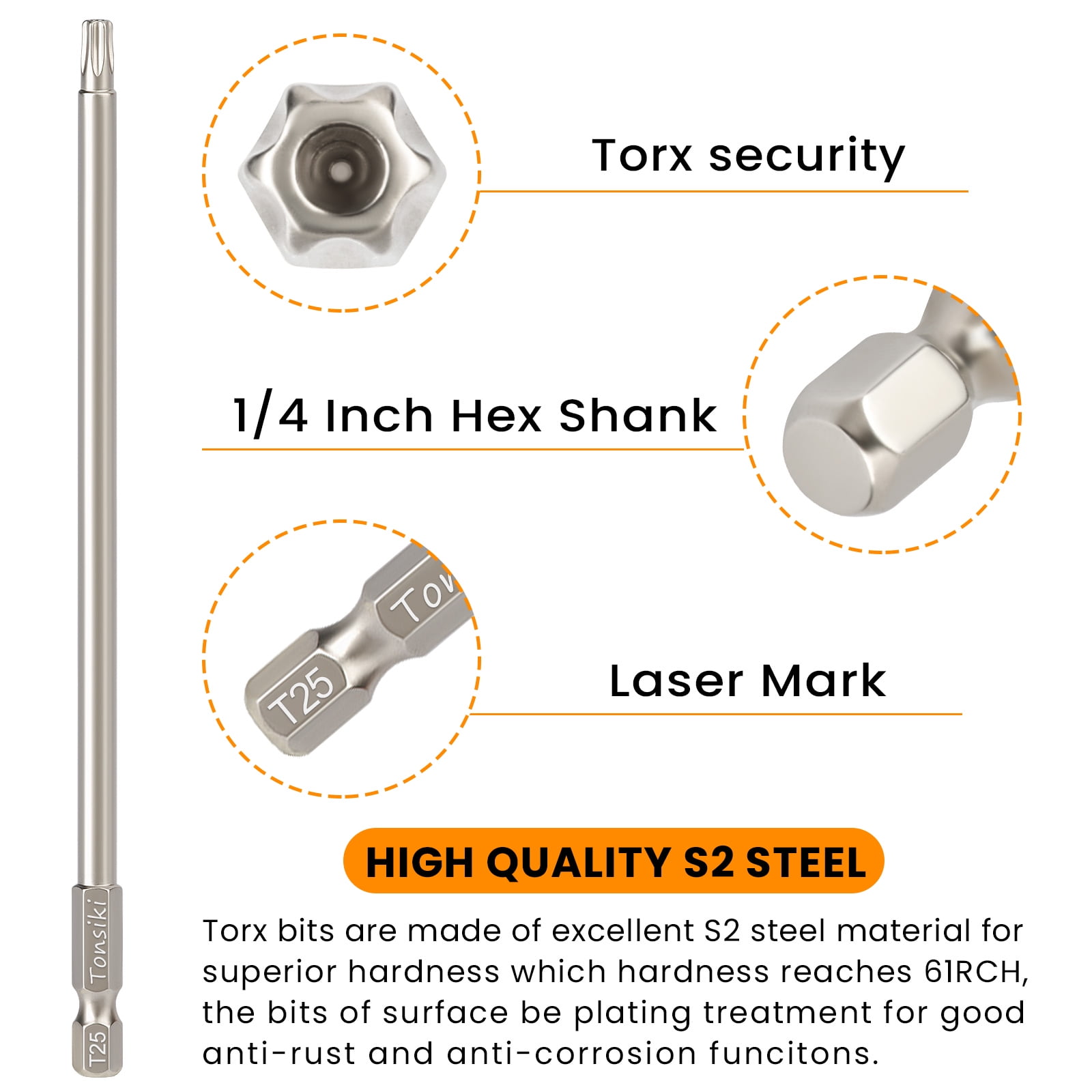 Extra Long Torx Screwdriver Bit Set - 11pc Magnetic S2 Steel Star Bits, 200mm/7.9" Length, 1/4" Hex Shank (T6-T40)