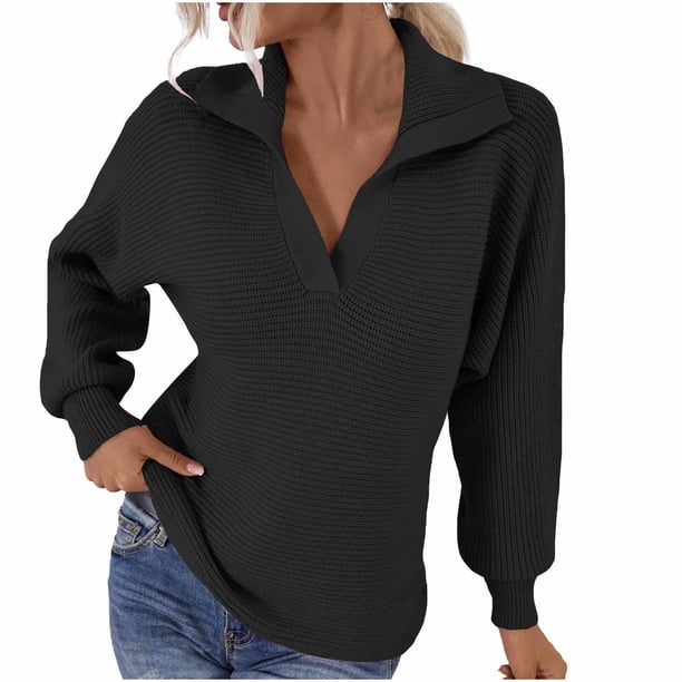 Suéter de punto con cuello de traje nuevo de otoño e invierno para mujer, suéter de manga farol, suéter de Color sólido Pompotops hdfakjf11864