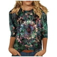 thumbnail image 2 of Cagogo Womens Loose Fit Shirts Summer Tops Under $5 Aztec Western 3/4 Sleeve Vintage Crew Neck Ethnic Style Tee Shirts Business Work Green Tees Clothes Mother Day Gifts, 2 of 5