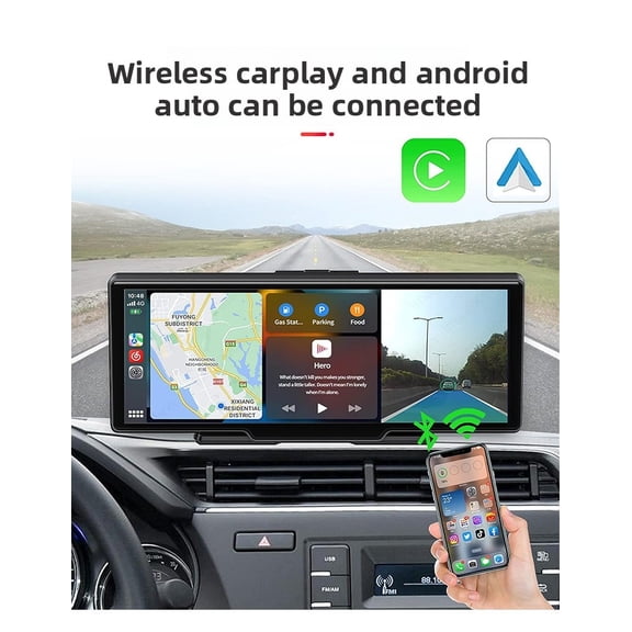 10.26” Wireless CarPlay Dash Cam, 4K Front and Rear Dual Camera, Touchscreen Android Auto Car Monitor, 128GB Card Included