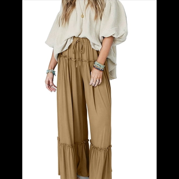 Pantalones Palazzo Holgados de Playa con Cintura Alta Elástica, Dobladillo con Volantes y Pierna para Mujer Caqui XS