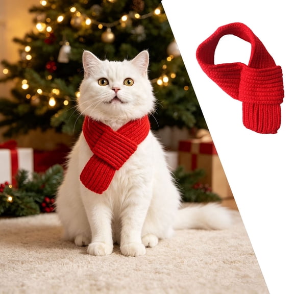 Christmas Pet Knitted Scarf, Red Festive Holiday Pet Neckwear, Soft X‑mas Accessory for Cats Small Dogs Holiday Party Photo Props