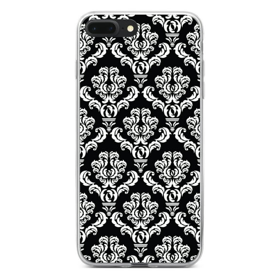 DistinctInk Clear Shockproof Hybrid Case for iPhone 7 PLUS / 8 PLUS (5.5" Screen) - TPU Bumper, Acrylic Back, Tempered Glass Screen Protector - Black White Damask Pattern - Floral Damask Pattern