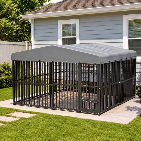 LZBEITEM 10x10ft Heavy Duty Outdoor Dog Kennel, Large Metal Dog Run Playpen with Waterproof UV-Resistant Cover & 360° Rotating Bowl Holder, Black