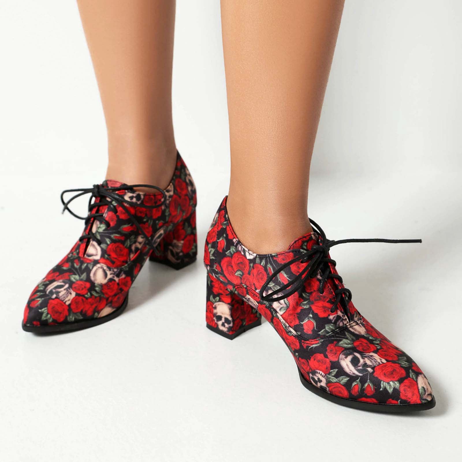 Women's Casual Colorful Print Pumps Shoes Chunky High Heel Pointed Toe Lace Up Suede Dress Shoes