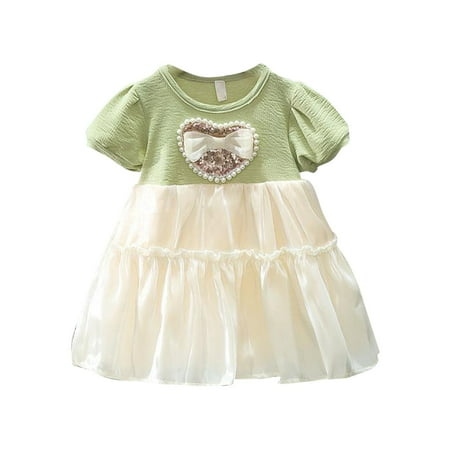 

ZRBYWB Summer Fashion New Crew Neck Bubble Sleeve Bow Mesh Girls Princess Dress Baby Girl Clothes