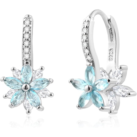 Leander 925 Sterling Silver Floral Leverback Earrings for Women, Double Flower CZ Birthstone Drop Earrings, Hypoallergenic Dangle Jewelry Gift