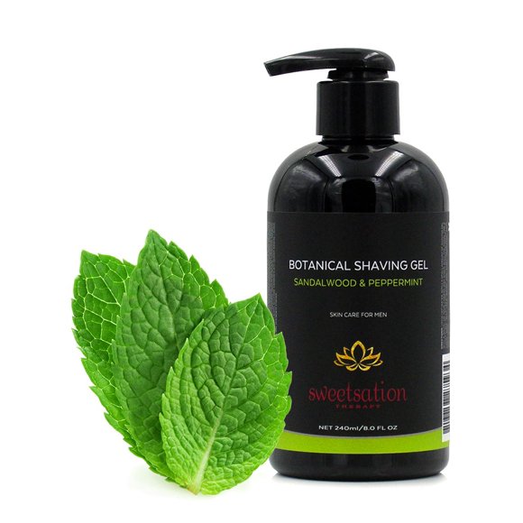Gel de afeitar botánico Sándalo y menta 8 oz Cuidado de la piel natural. Para un afeitado suave y delicado.