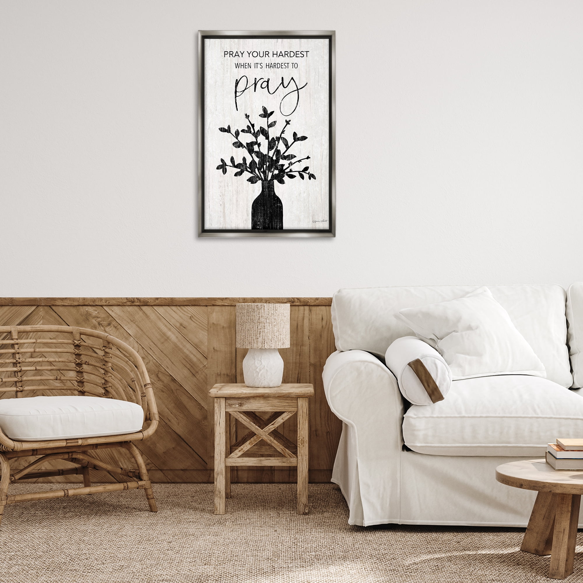 Stupell Industries Pray Your Hardest Religious Painting Gray Floater Framed Canvas Art Print Wall Art, 21 x 31