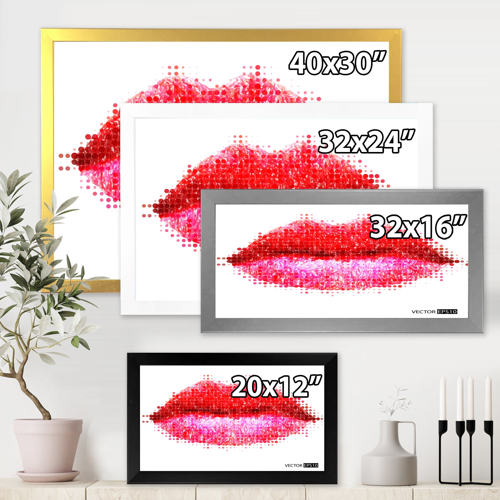 Designart 'Abstract Red Woman Lips in Pixels' Modern Framed Art Print