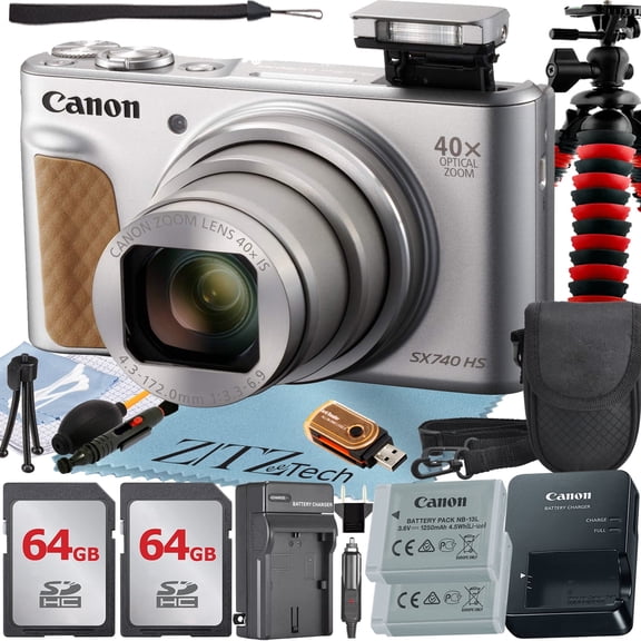 Canon PowerShot SX740 HS Digital Camera (Silver) with 2 Pack 64GB Memory Card Case Tripod ZeeTech Professional Bundle (International Version)