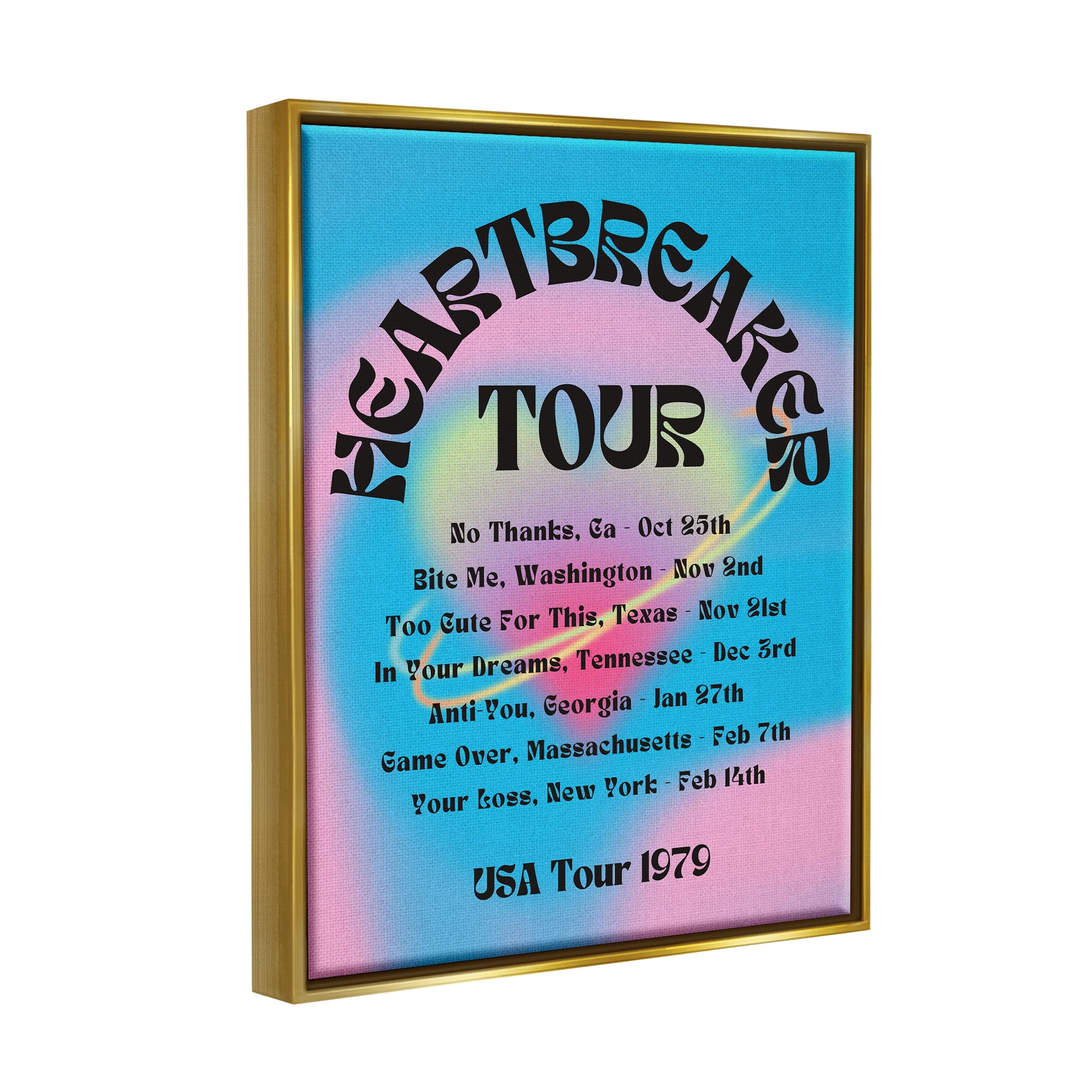 Stupell Industries Vintage Heartbreak Tour Typography Painting Gold Floater Framed Canvas Art Print Wall Art, 17 x 21