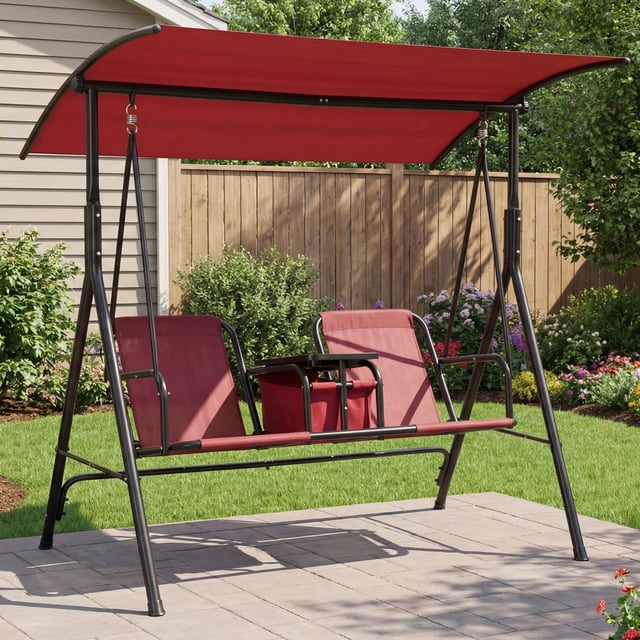 QinaQin Balançoire de Patio Extérieure à 2 Places avec Auvent Réglable, Porte-Gobelets et Table Pivotante de Rangement