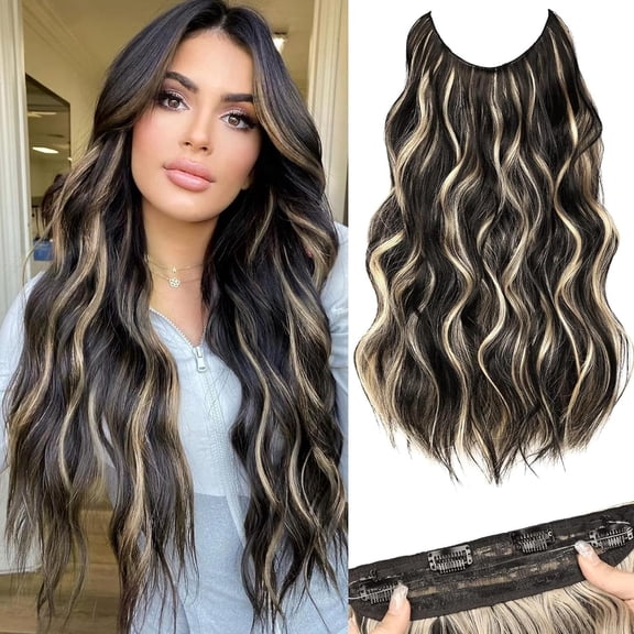 JOFMWIX 20 Inch Invisible Wire Wavy Clip-In Hair Extensions - 120g Synthetic Hairpiece with 4 Clips & Adjustable Hooks, Mixed Brown, Comfortable & Versatile Styling