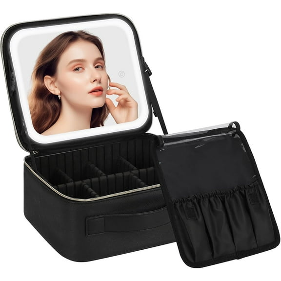 Makeup Bag with LED Mirror, Travel Makeup Case for Women and Makeup Artists Cosmetic Organizer Large Make Up Bags with Light Up Mirror, 3 Color Lights, Adjustable Dividers and Brush Holder