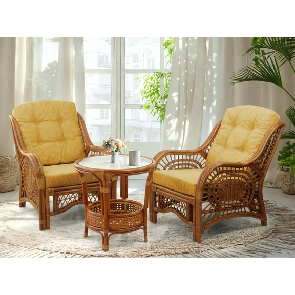 SK New Interiors Malibu Set of 2 ECO Natural Rattan Wicker Chairs with Light Brown Cushions and Round Coffee Table, Colonial