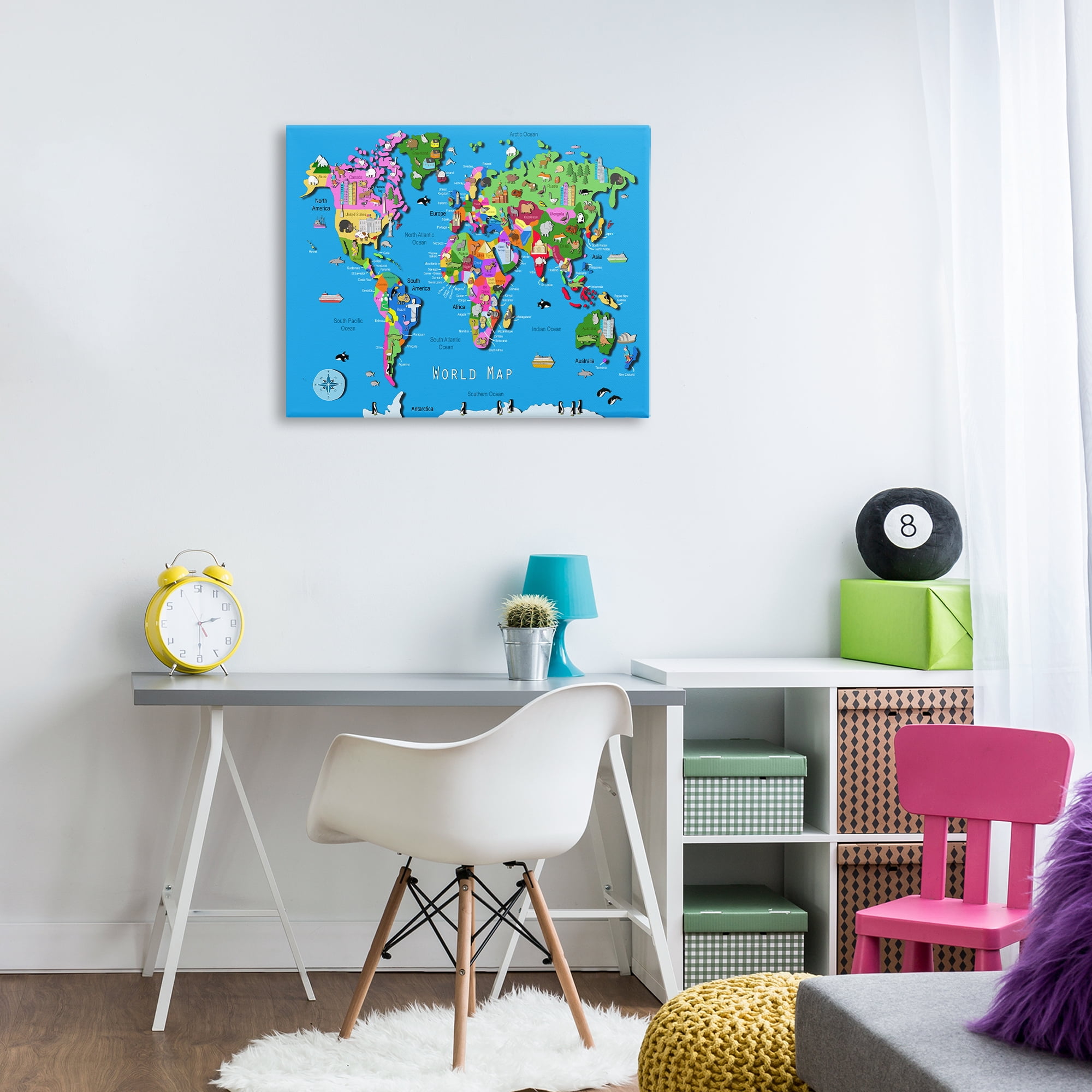 Stupell Industries Educational World Map Town & City Painting Gallery Wrapped Canvas Art Print Wall Art, 30 x 24