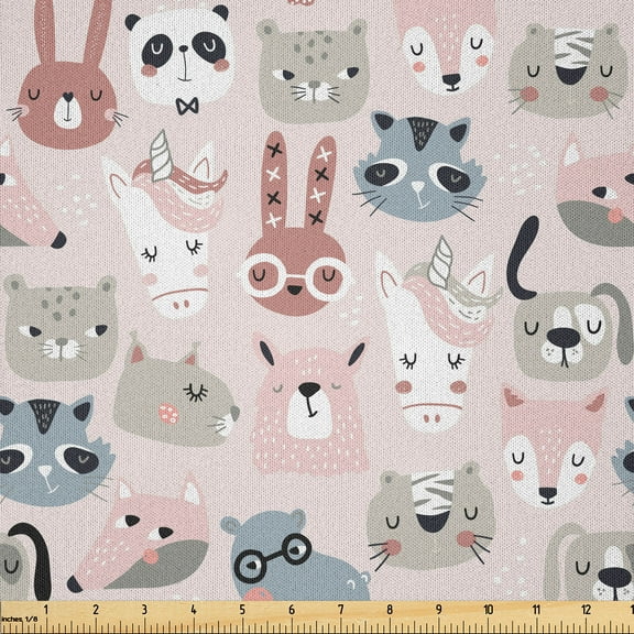 Ambesonne Animal Art Fabric by the Yard Microfiber, Rabbits Llamas Unicorns, 1 Yard, Coral Pale Slate Blue