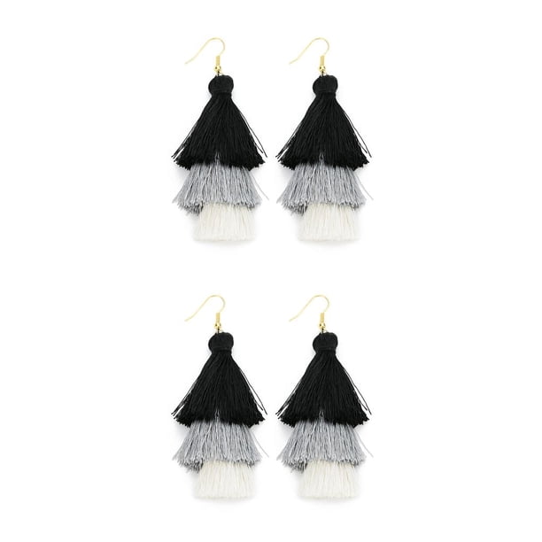 Minnieouse 1 par de pendientes de borla bohemios, joyería exagerada, accesorios para mujer, pendiente para el Día de San Valentín, negro, Negro Blanco Gris 2Conjunto