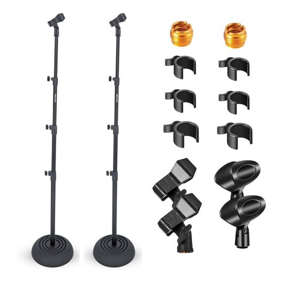 Heavy Duty Adjustable Microphone Stand (24-67 Inch) - Universal Floor Mic Stand w/Round Base & Clips - Studio, Stage, Church