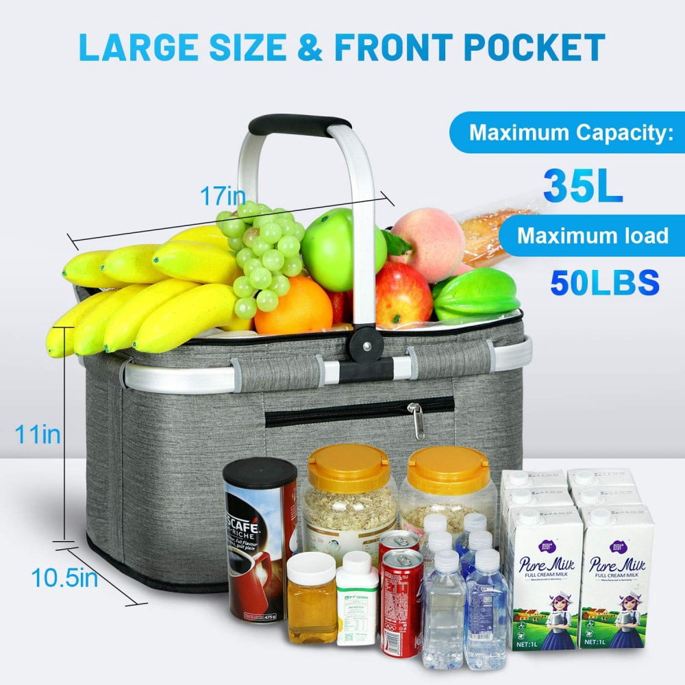 35L Large 2 Layers Picnic Basket Waterproof Thermal Insulation Foldable Aluminum Alloy Frame with Removable Inner Bag for Picnic Camping Fishing Shopping Kitchen Car Trunk