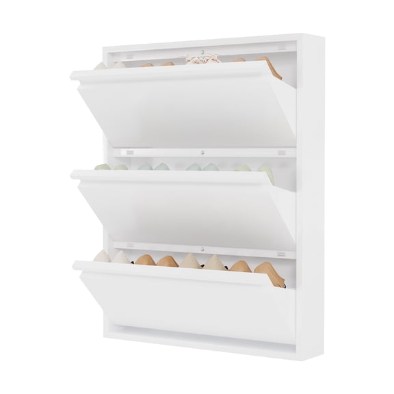 Space-Saving Slim Metal Shoe Cabinet – 3 Turnover-Down Drawers Narrow Entryway/Hallway Shoe Organizer, Freestanding or Wall Mounted – White or Grey