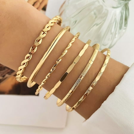 6Pcs 6 Styles Alloy Bangles Stackable Bangle Set for Women Light Gold Diameter: 67~71mm