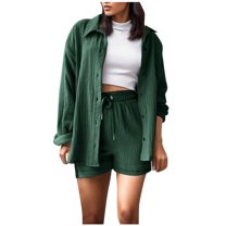 LYXSSBYX 2 Piece Sets for Women Summer Women's Summer Two Piece Neck Long Sleeve Shirt High Waist Drawstring Large Shorts Casual Set