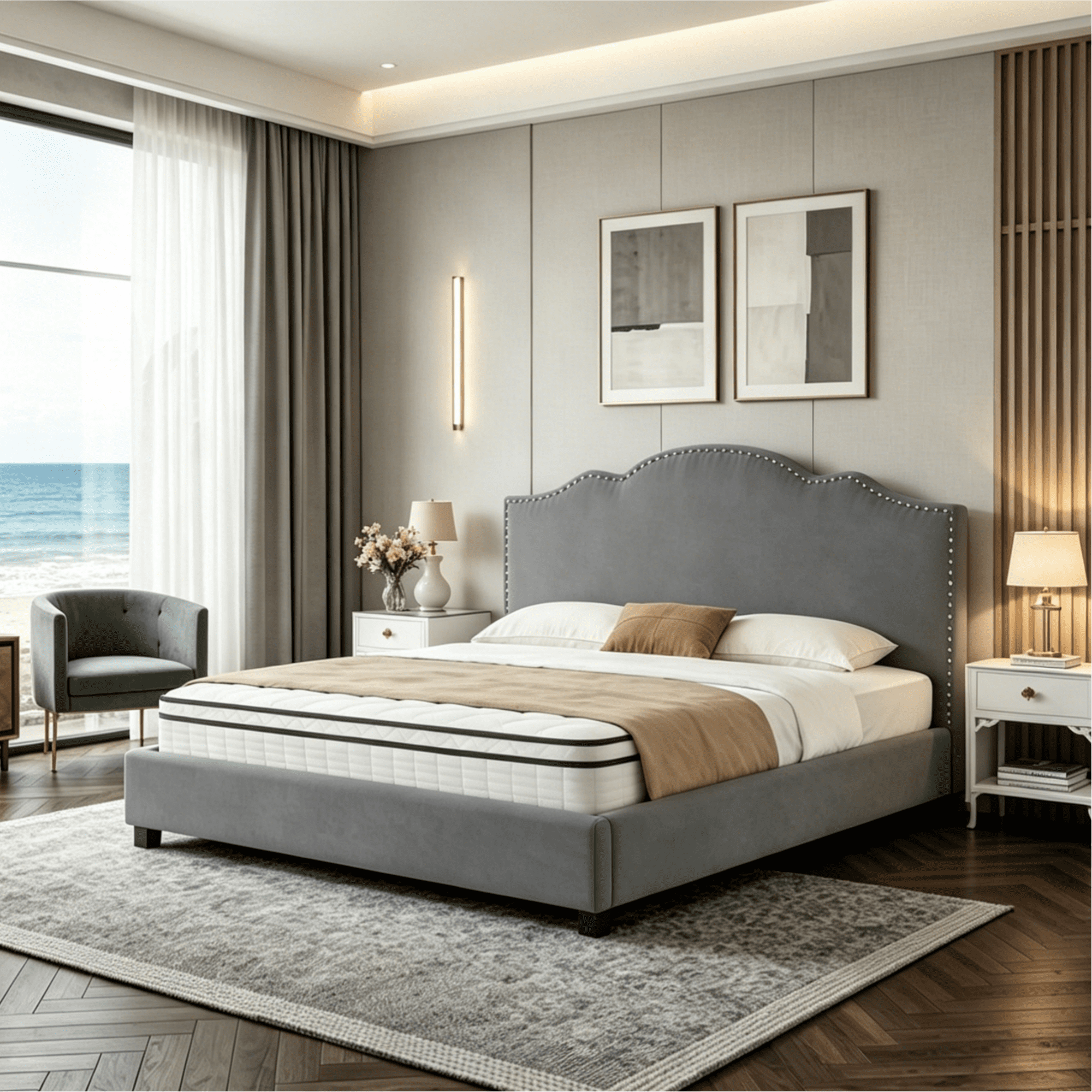 Gewnee King Bed Frame with 55"High Upholstered Headboard,Platform Bed Frame with Nail-Head Trim,No Box Spring Required,Modern Design for Bedroom,Dark Grey