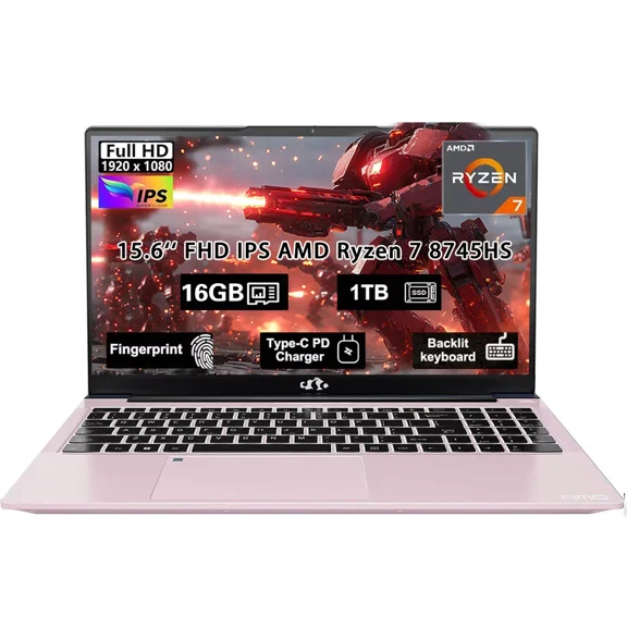 15.6" FHD New Gaming Laptop Computer AMD Ryzen 7 8745HS 8-Core (up to 4.9GHz), Radeon 780M Graphics, 16GB DDR5 RAM, 1TB SSD, FHD IPS Display, 100W Type-C, Backlit Keyboard, Fingerprint RoseGold