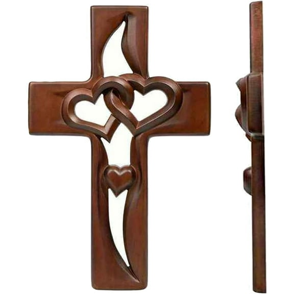 Hand-Carved Intertwined Hearts Wooden Cross, Marriage Cross for Wall, Handmade Coffee Brown Wood Wall Hanging, Christian Marriage & Wedding Gift