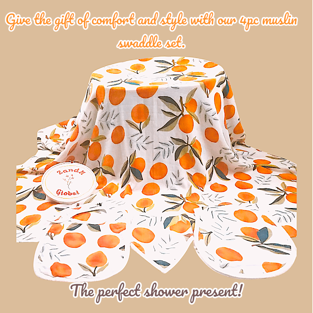 ZandH Global Clementine Baby Bamboo Cotton Muslin Swaddle Blanket, Bib, Burp Cloth, Bandana Bib Set. Soft, Lightweight and Breathable. Swaddle, Nursing Cover, Playmat and Stroller Cover