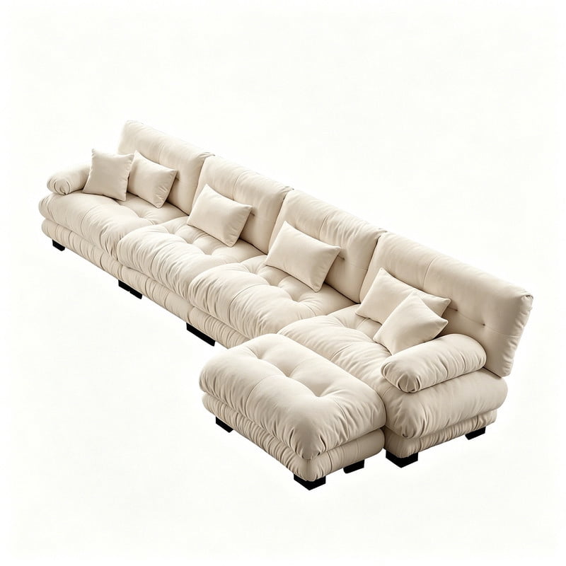 ANPPORT Cloud Couch Sleeper Sofa, Chenille Light Coffee 4-Seater Modular Sofa with 1 Ottomans, 4 Lumbar pillows,2 Pillows, Comfy Deep Seat Cloud Sofa, Convertible L-Shaped Floor Couch for Living Room