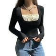 thumbnail image 2 of Kmbangi Women Shirts Fake-2-Piece Long Sleeve Square Neck Fall Tops, 2 of 9