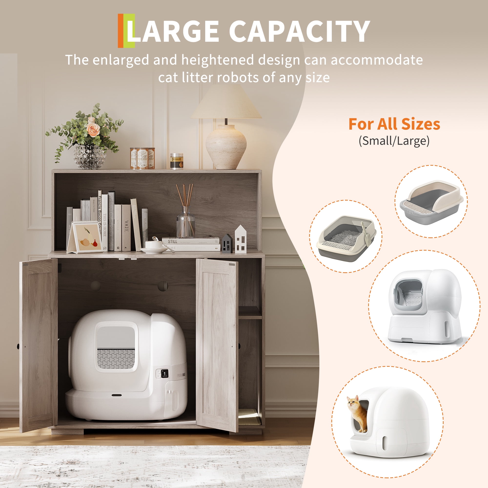 Ataucjin Large Cat Litter Box Enclosure with Scratch Pad, Large Automatic Litter Box Furniture for Placing Self-Cleaning Litter Box,Litter Cabinet with Outlet,Space for Cat Stuffs