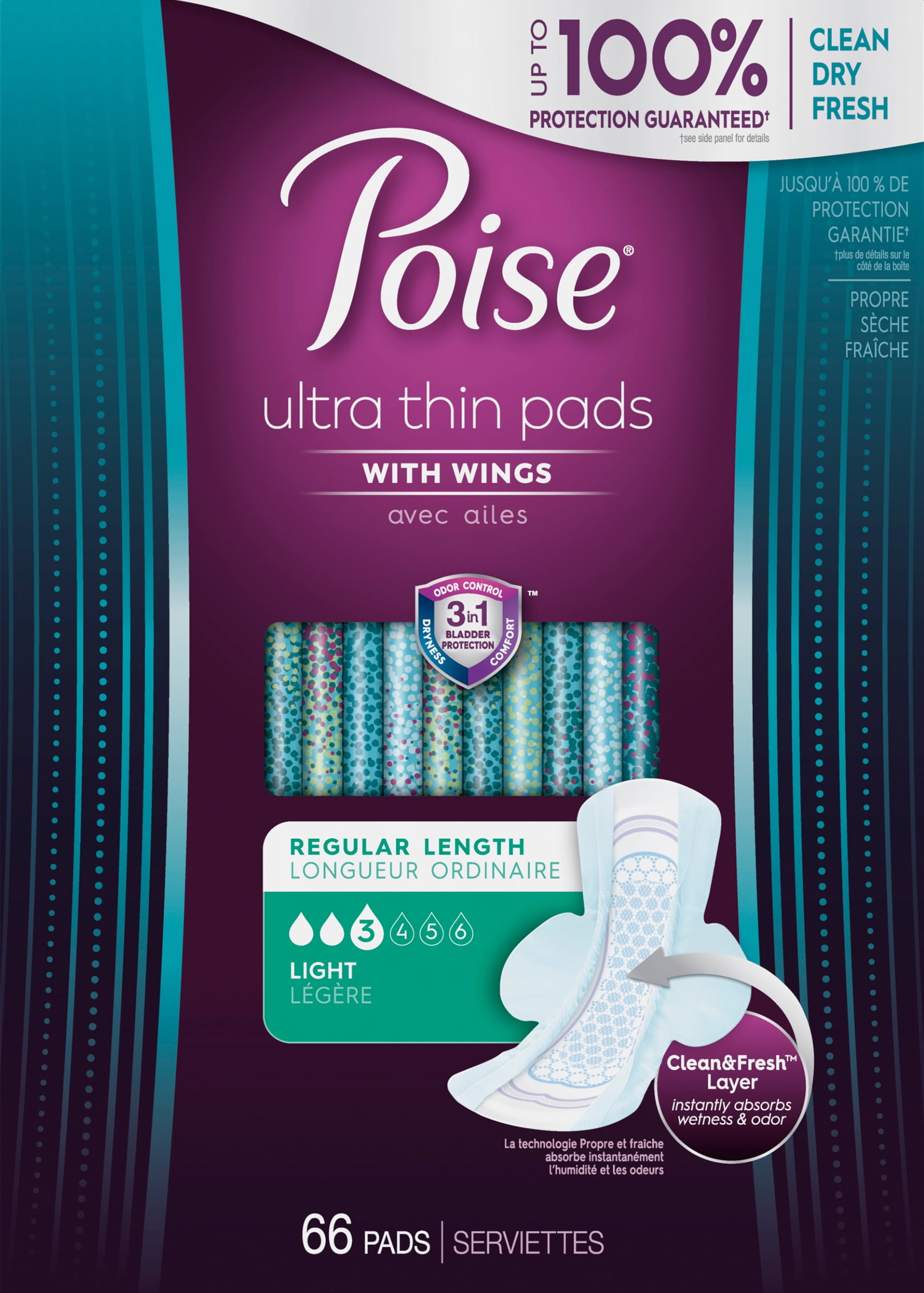 Poise Ultra Thin Light Absorbency Pads with Wings - Regular - 66ct