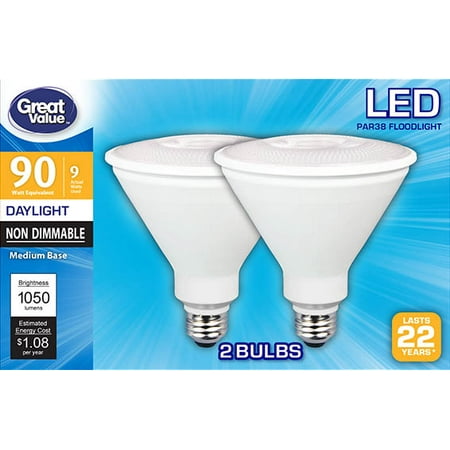 - Great Value LED Light Bulb, 9W (90W Equivalent) PAR38 Floodlights Lamp E26 Medium Base, Non-Dimmable, Daylight, 2-Pack