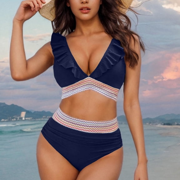 Women High Waisted Bikini Sets Ruffle V-Neck Swimsuits Color Block Two Piece Drawstring Bathing Suit