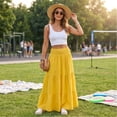 thumbnail image 5 of Womens Elegant Flowy Maxi Skirt Pleated Tiered Cotton Linen A-Line Elastic Waist Midi Skirt, 5 of 8