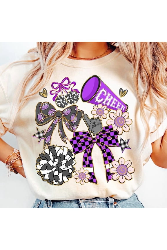 Cheer Mom T-Shirt for Women, Purple Preppy Cheerleader Graphic Tee with Bow, Coquette Team Spirit Shirt for Cheer Season