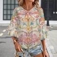 thumbnail image 3 of Pastel Floral Damask Pattern Women's V-Neck Blouse With 3/4 Ruffled Bell Sleeves Casual Top Ladies Blouses, 3 of 7