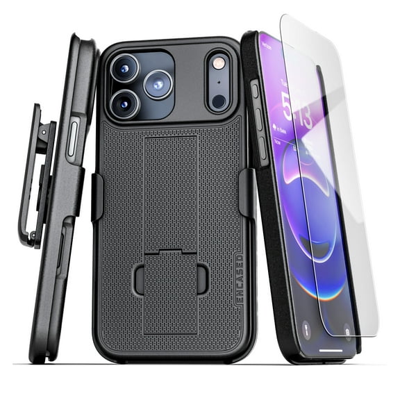 Encased DuraClip for iPhone 17 Pro Max Belt Clip Holster Case with Tempered Glass Screen Protector (Black)