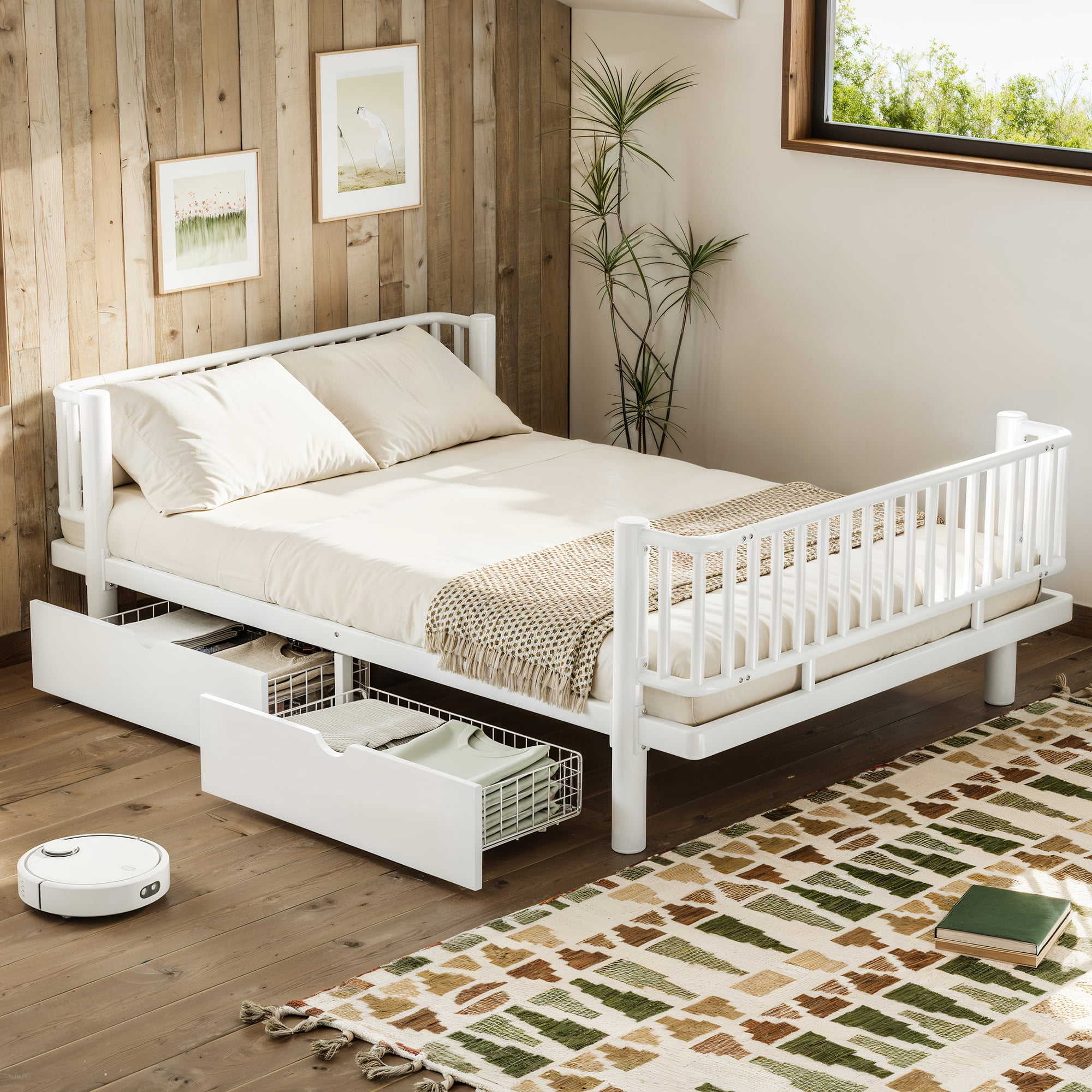 Full Size Metal Platform Bed Frame with Under Bed Storage Drawers, White Round Pipe Reinforced Daybed, Low Profile Mattress Foundation No Box Spring Needed, Max 600 LBS for Bedroom Guest Room