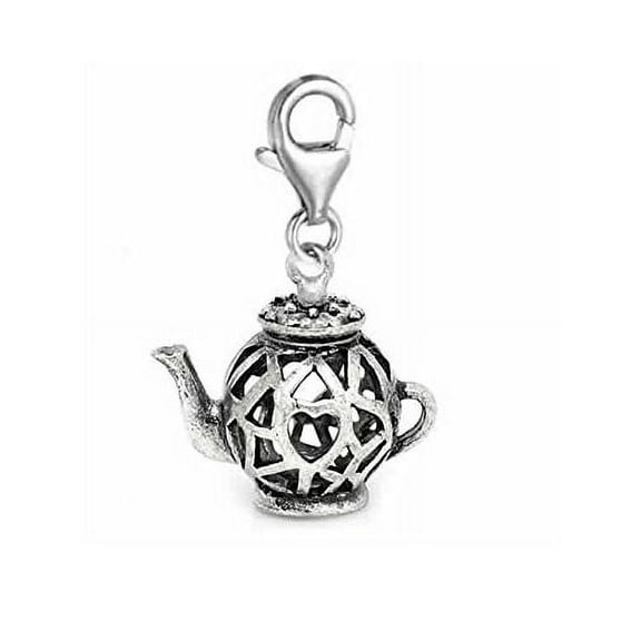 Sexy Sparkles Tea Pot Clip on Charm for European Jewelry with Lobster Clasp - Zinc Metal Alloy, 1 Dangle