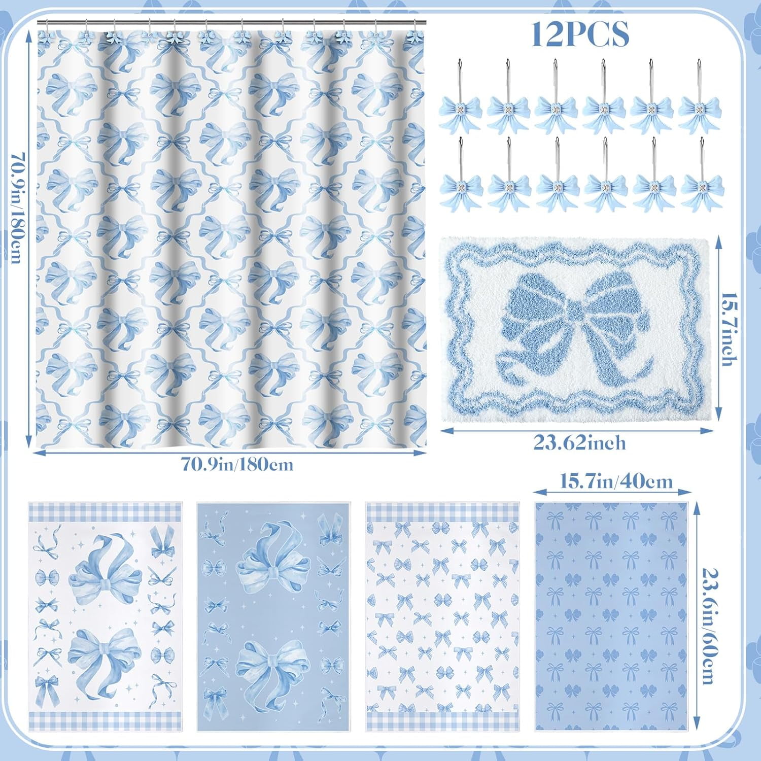 18 Pcs Blue Bow Fabric Shower Curtain Set with 12 Decorative Shower Curtain Hooks Blue Bow Knot Bathroom Towels Coquette Non Slip Absorbent Microfiber Rug for Modern Aesthetic Bathroom