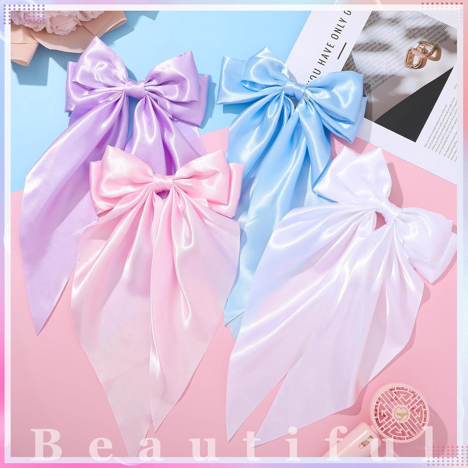 Satin Bow Hair Ribbon - Long Tail Bow Hair Clips in Pink, White, Blue, Purple