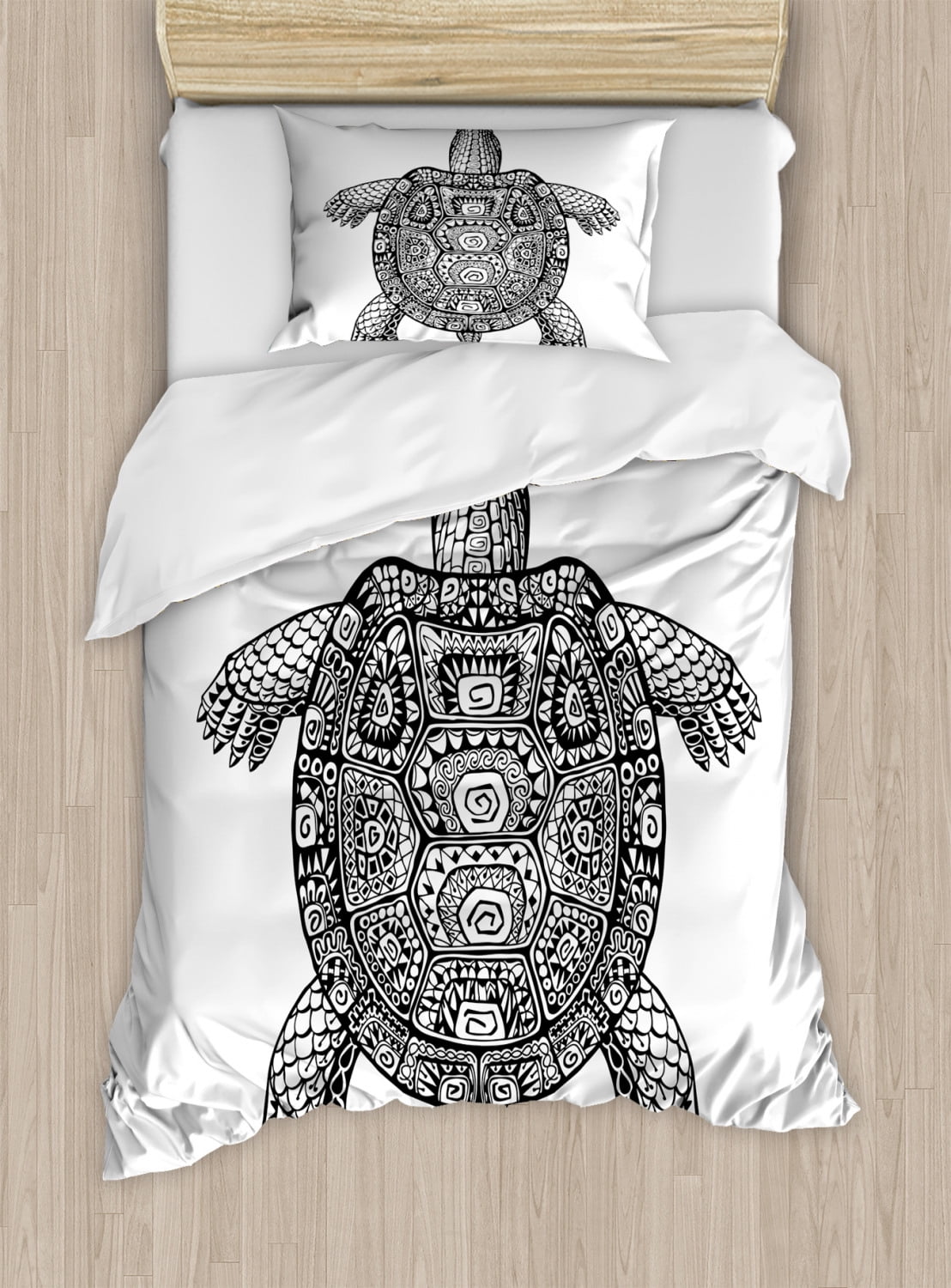 Turtle Duvet Cover Set, Tribal Patterns on Turtle Illustration
