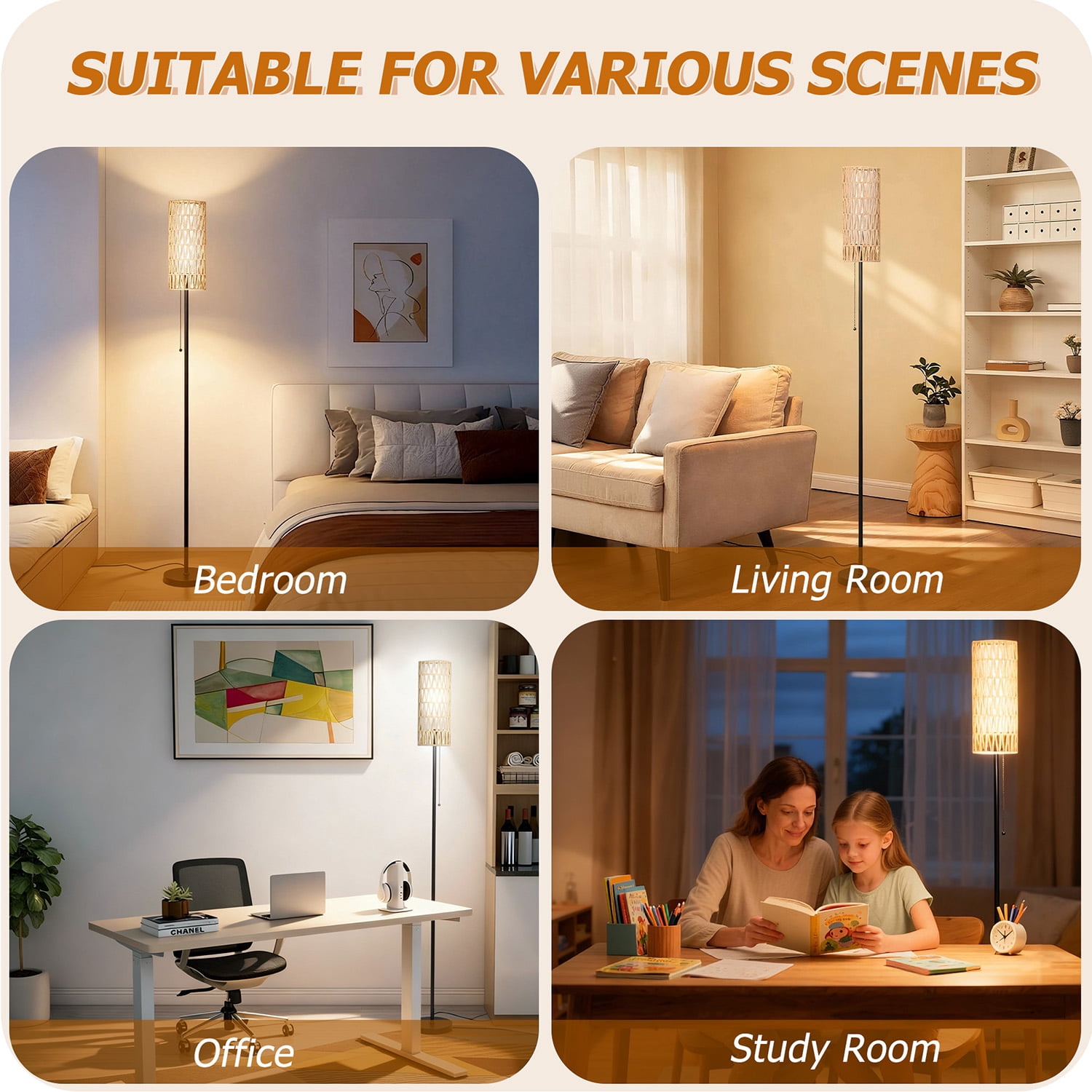 Vesteel Floor lamp for Living Room, Farmhouse Rattan Floor Lamp with 3 Color Temperatures, Standing Lamp for Bathroom, Office, Study Room