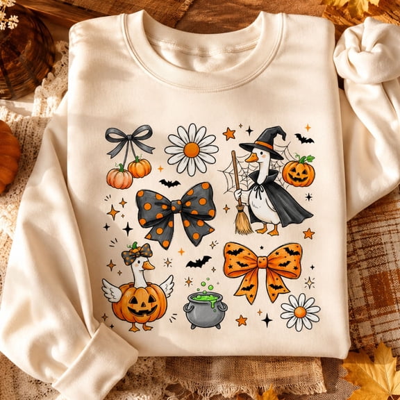 Halloween Shirt, Witch Goose and Pumpkin Sweatshirt, Cute Spooky Bow Hoodie, Fall Duck T-Shirt, Halloween Gift for Goose Lovers and Women