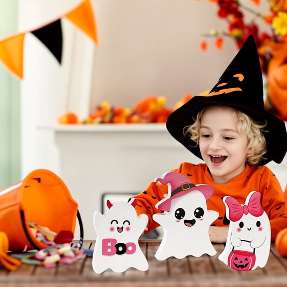 Halloween Ghost Decorations 3 Piece Cute Pink Ghost Tabletop Set Pink Halloween Decor for Indoor Home Tiered Tray Mantel Shelf Display Fall Halloween Party Decoration